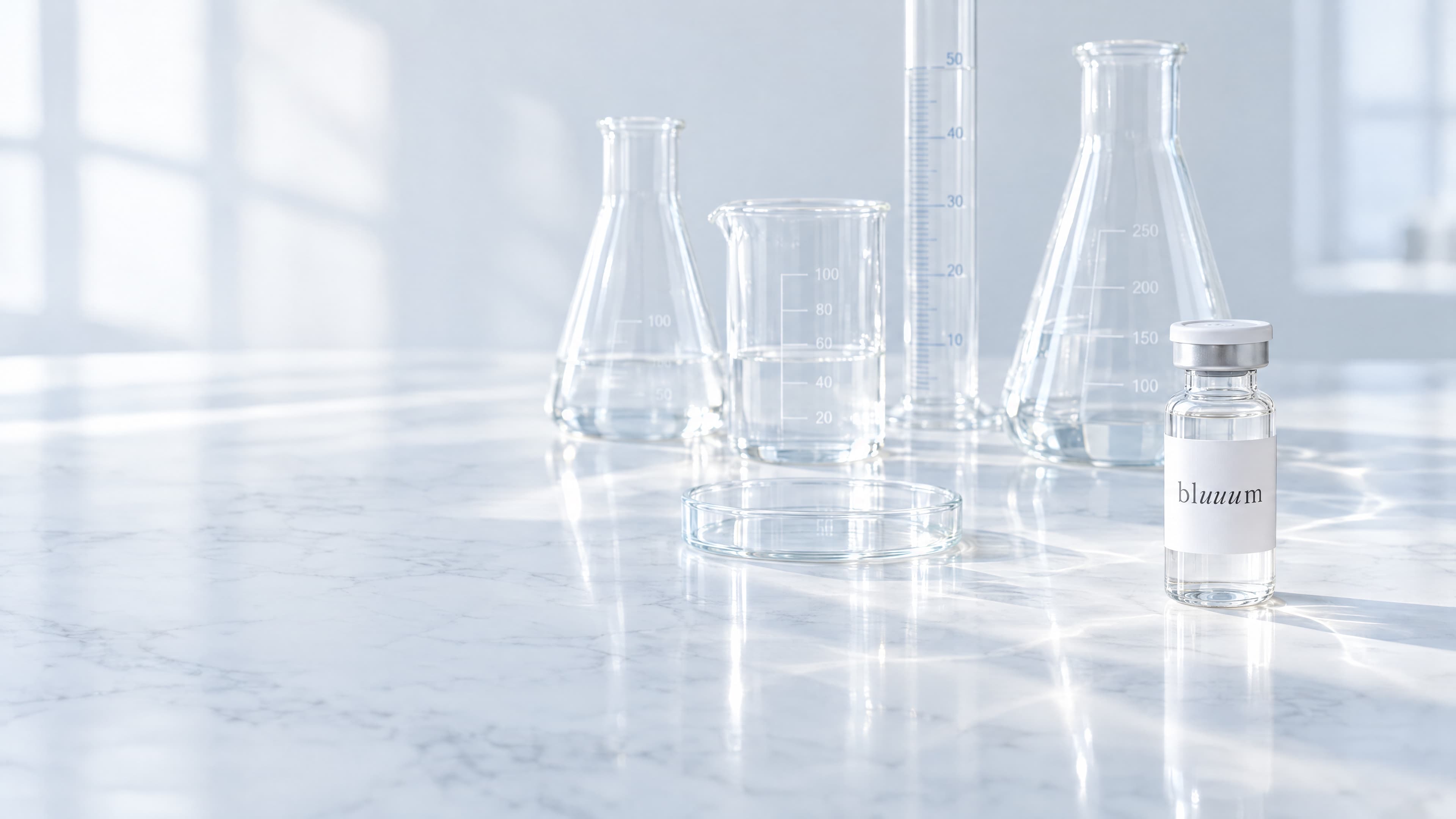 A Bluuum research vial beside clear laboratory glassware on a white bench
