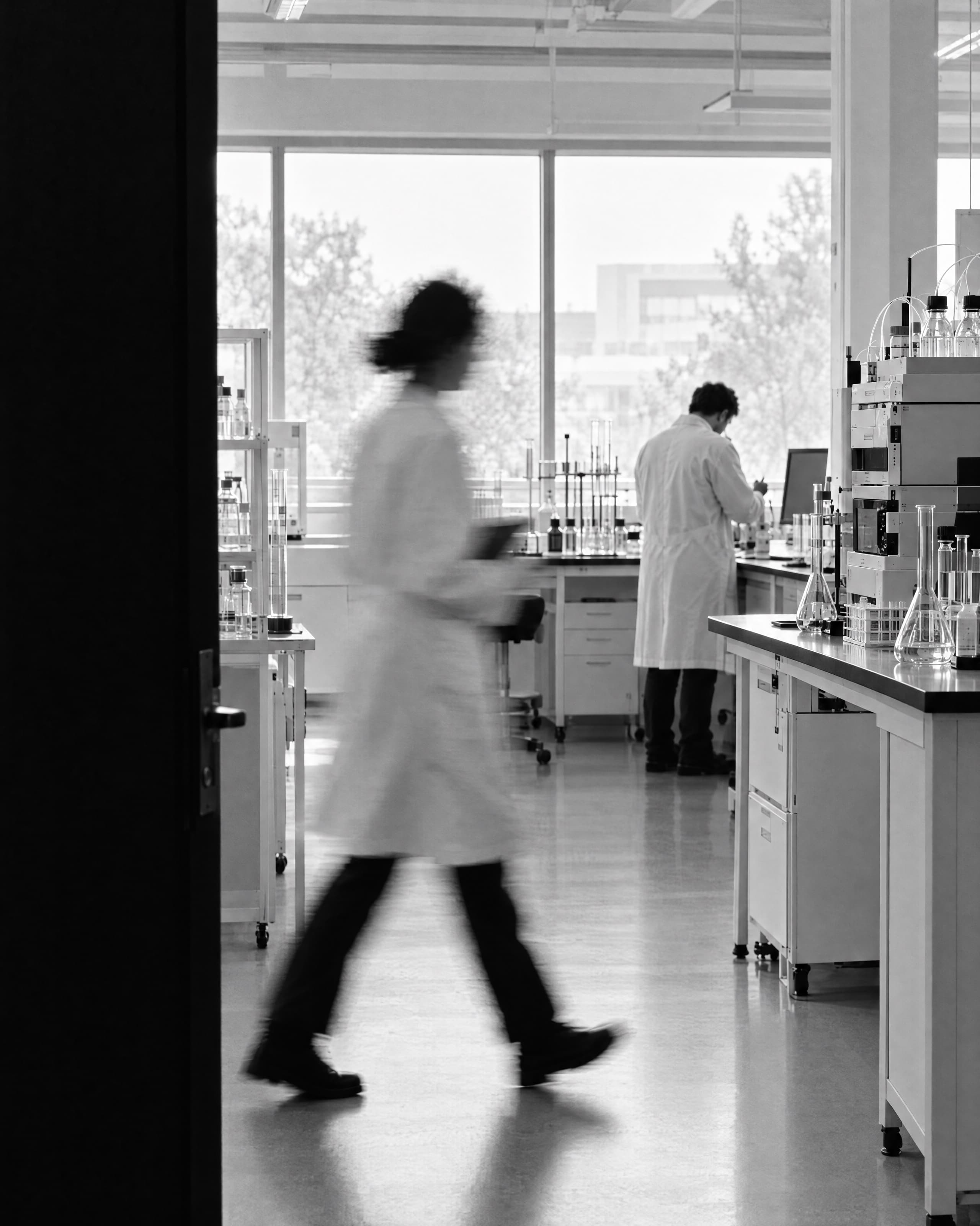 Two researchers at work in a bright analytical laboratory